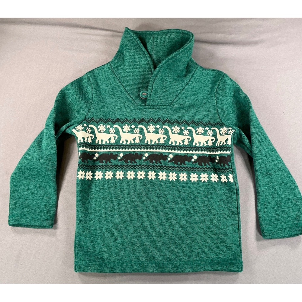Jumping Beans Boys 3T Green Fair Isle Dinosaur Sweater Collar Knit Pullover